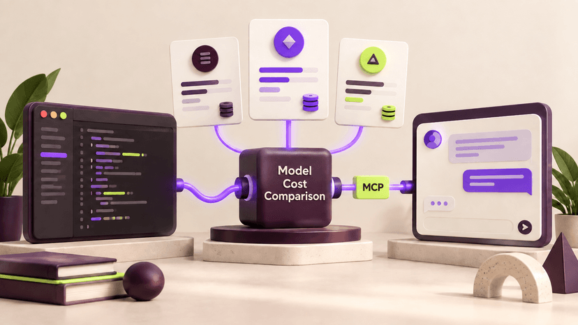 Model Cost Comparison hub linking a code editor and a chat assistant through MCP, with three model cards above