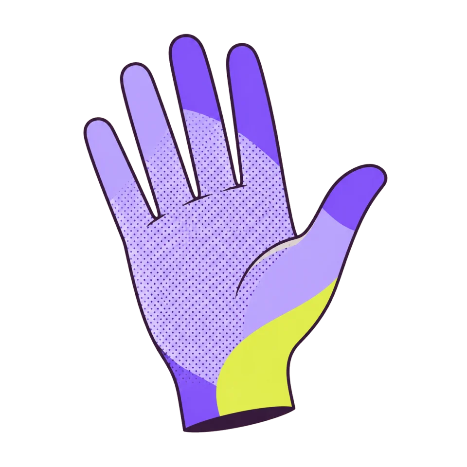 Illustration of a raised open hand in the Lazige violet, lime, and ink palette